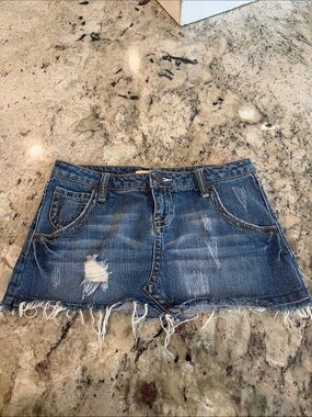 Distressed Denim Mini Skirt - Blue